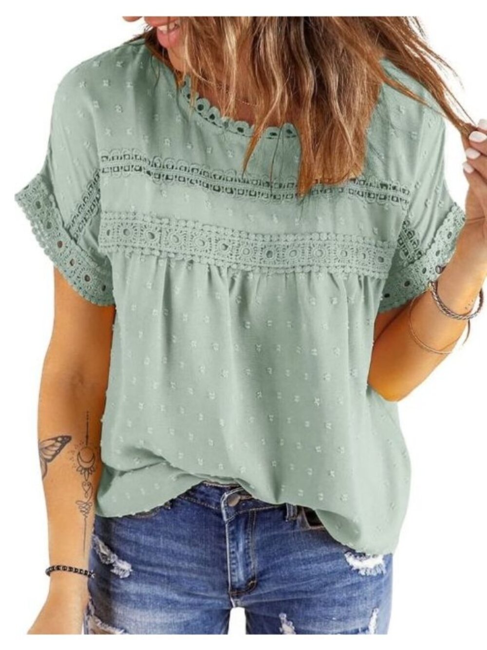 UVN Green Lace Crochet Chiffon Blouse Small Crewneck Short Sleeve Top